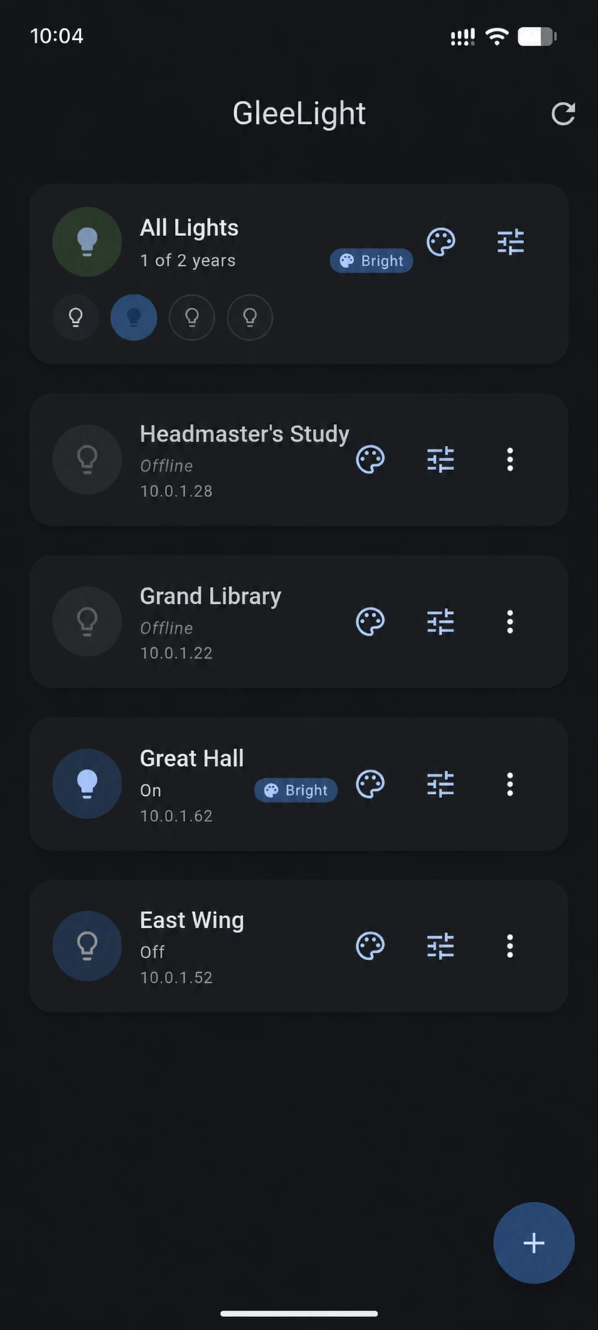 GleeLight on Android: an 'All Lights' group and four individual lamps with their IP addresses and on/off state.