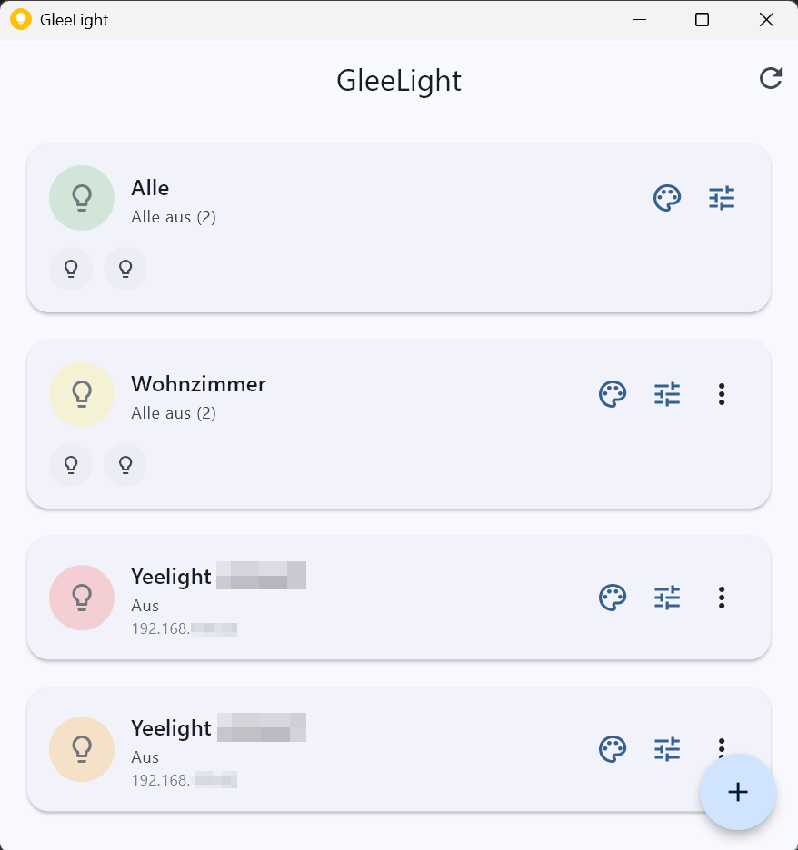 GleeLight showing an 'All' group, a 'Wohnzimmer' group, and two individual ceiling lamps with their IP addresses.
